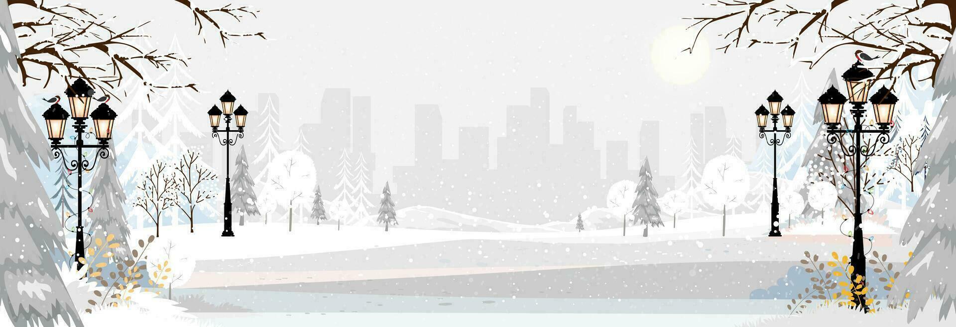 jul bakgrund, vinter landskap med snöig i stad park.vector tecknad serie horisont landskap vinter- sagoland med häftig snöstorm i de stad på natt, panoramautsikt baner urban utomhus- för ny år bakgrund vektor