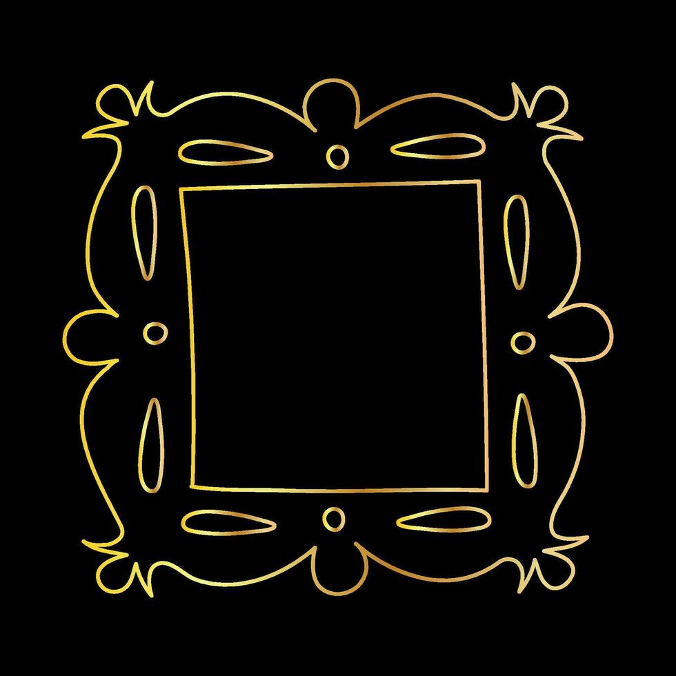 Gekritzel Hand gezeichnet golden Rahmen isoliert auf schwarz Hintergrund. Platz Rahmen zum Fotos und Gemälde mit schön dekorativ Elemente, Jahrgang retro Illustration. vektor