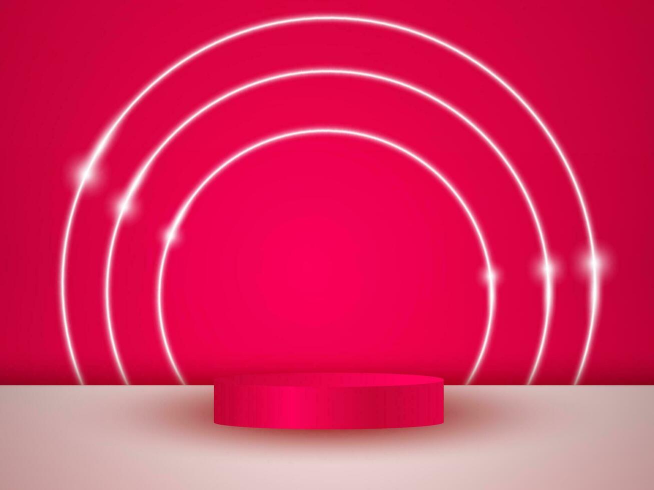 ein leeren Rosa Podium schwimmt im das Luft mit ein Neon- Ring im das Hintergrund. vektor