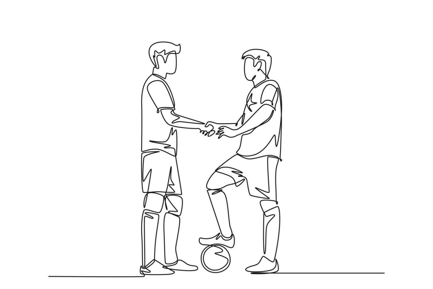 enda ett linje teckning två fotboll spelare handskakning till visa idrott innan startande de match. respekt i fotboll sport begrepp. modern kontinuerlig linje dra design grafisk vektor illustration