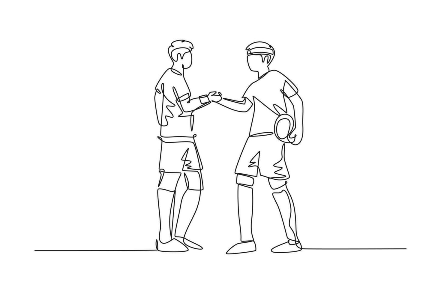 enda ett linje teckning två fotboll spelare föra boll och handskakning till visa idrott innan startande de match. respekt i fotboll sport. kontinuerlig linje dra design grafisk vektor illustration