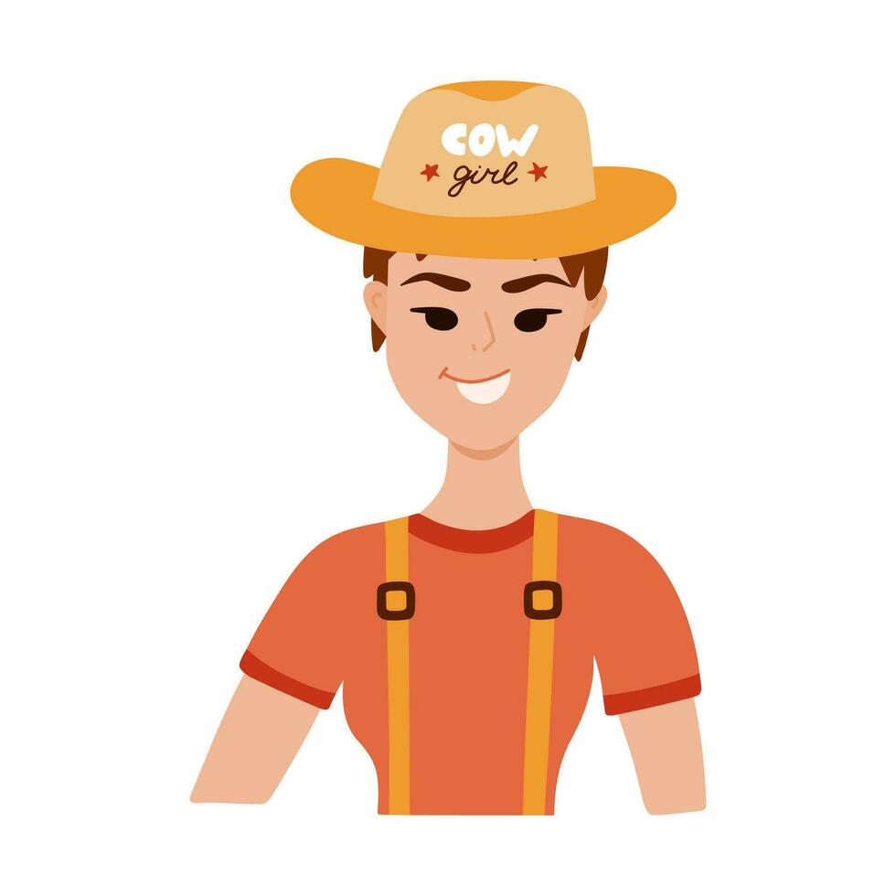 Hand gezeichnet stilvoll jung Cowgirl tragen Hut mit Beschriftung, T-Shirt, retro Hosenträger. süß Porträt von Kuh Mädchen von wild Westen Thema. Vektor Western weiblich Charakter zum drucken Design, Poster, Party.