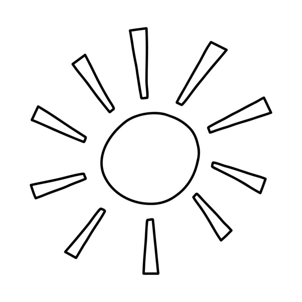 süß Hand gezeichnet Sonne Gekritzel mit Umriss. komisch und trippy Sonnenaufgang Symbol mit scheinen Strahl im retro Stil von 60er, 70er. Zeichen von heiß Wetter, Sonnenlicht, Sonnenuntergang. modisch Vektor Gekritzel isoliert im Hintergrund