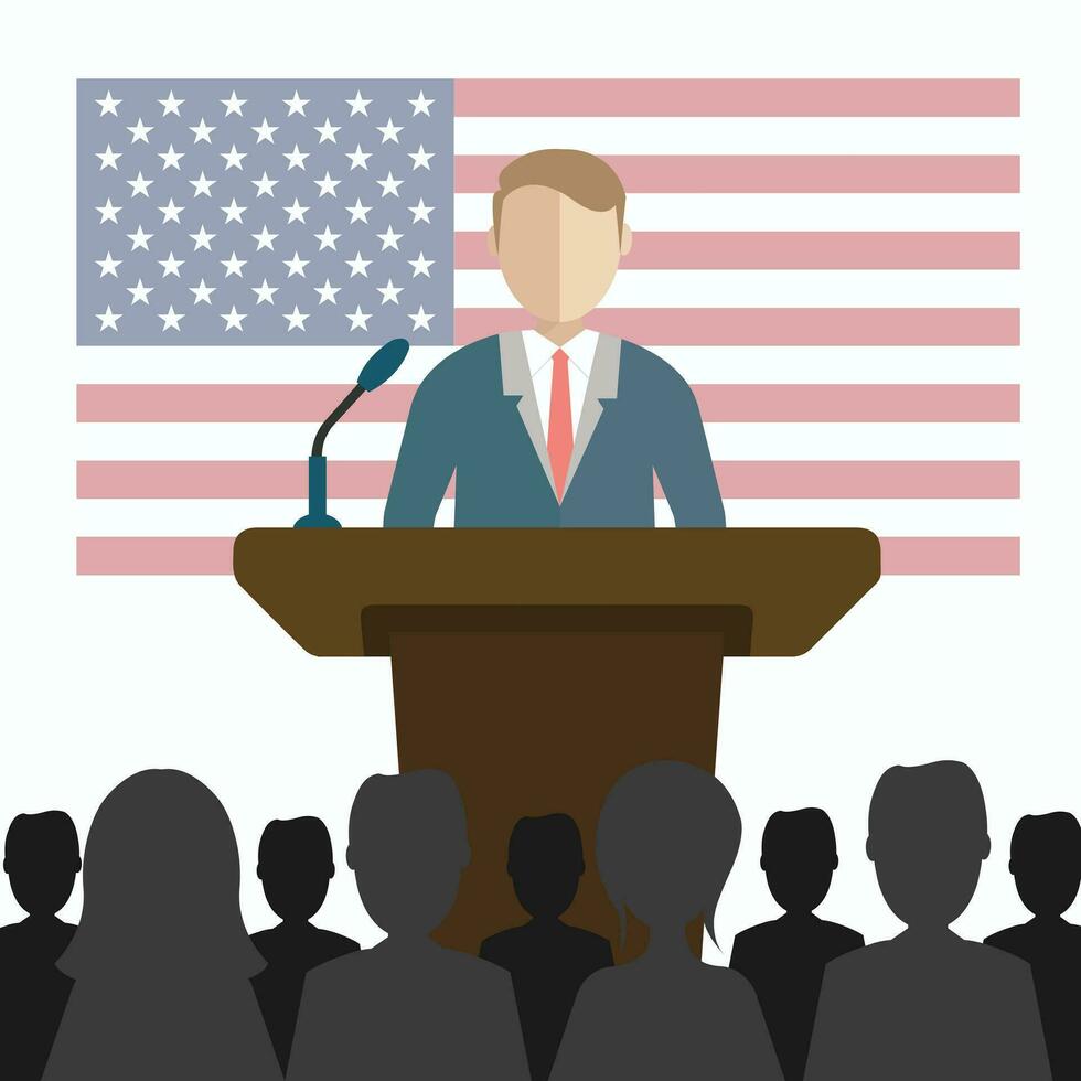 männlich Präsident von vereinigt Zustände Präsidentschaftswahl Wahl, Mann geben Rede von Tribun USA Einweihung Tag Konzept vektor