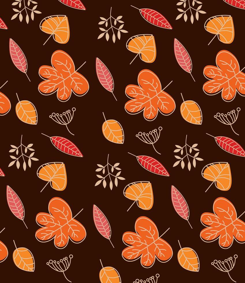 sömlös mönster tillverkad av hand dragen höst gul orange och röd löv på brun bakgrund vektor