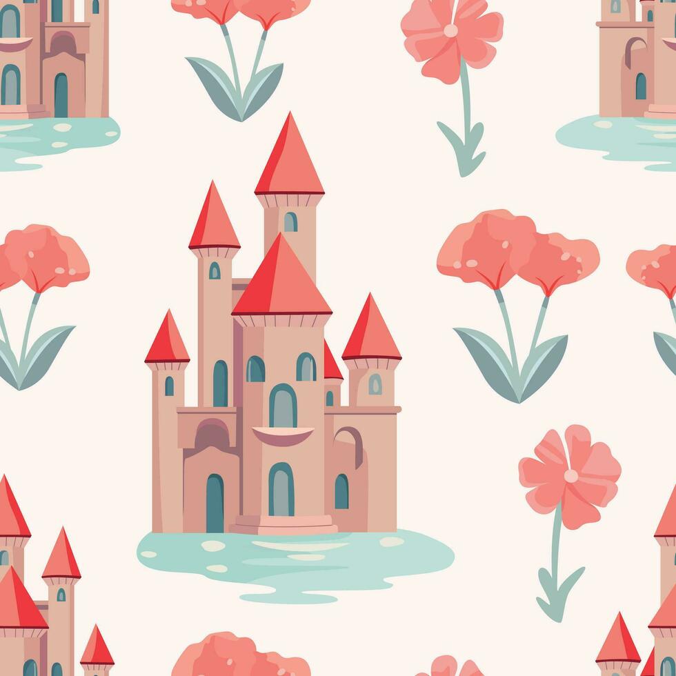 zauberhaft Schloss und Blumen- Vektor Muster zum Kinder Träume. erkunden magisch Welt von launisch Vektor Muster Design