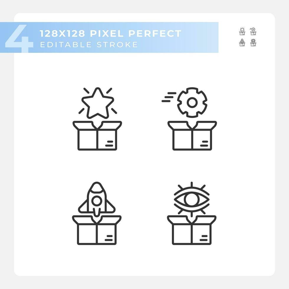 Pixel perfekt Symbole einstellen Darstellen Produkt Management, editierbar schwarz dünn Linie Illustration. vektor