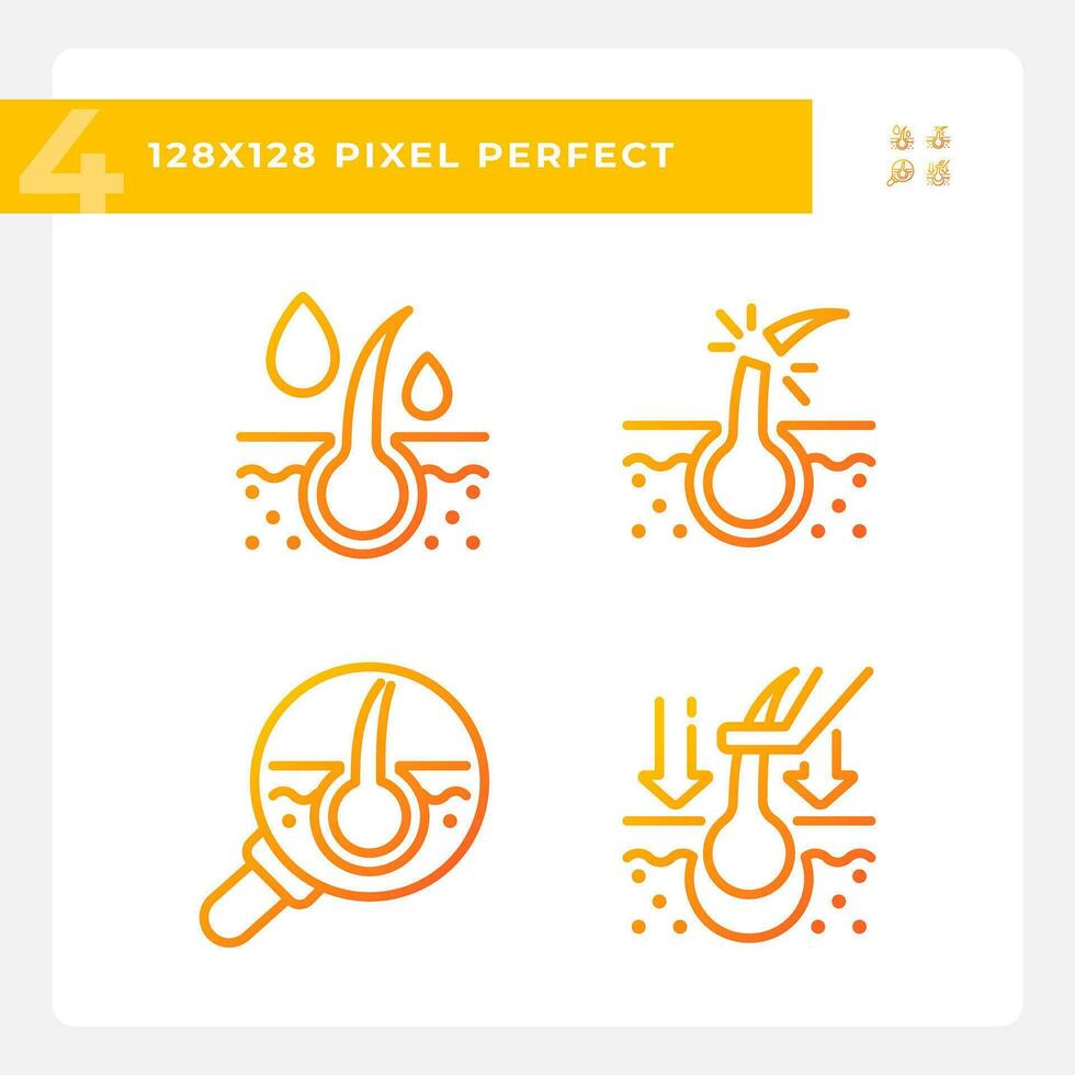 2d pixel perfekt lutning ikoner uppsättning representerar hårvård, tunn linje illustration. vektor