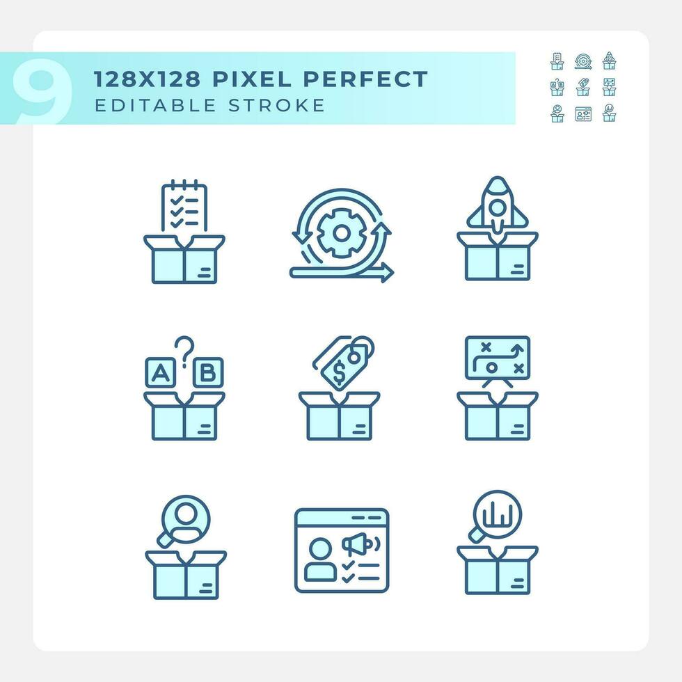 Pixel perfekt Blau Symbole Darstellen Produkt Management, editierbar dünn Linie Illustration Satz. vektor