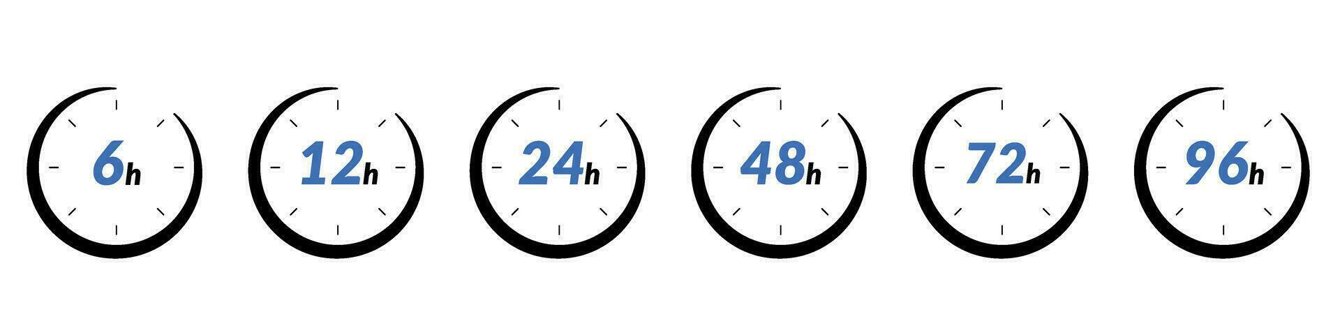 24h und 48h schnell Lieferung Zeit Symbol. Uhr zeigen 12 und 6 Std, zum Verkauf und schnell Lieferung Logo. repräsentiert 24, 36, und 72 Std. eben Vektor Abbildungen isoliert im Hintergrund.