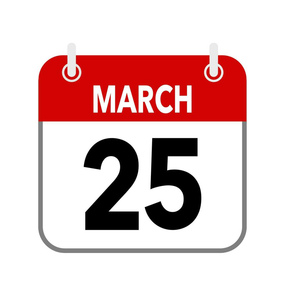 25 Mars, kalender datum ikon på vit bakgrund. vektor