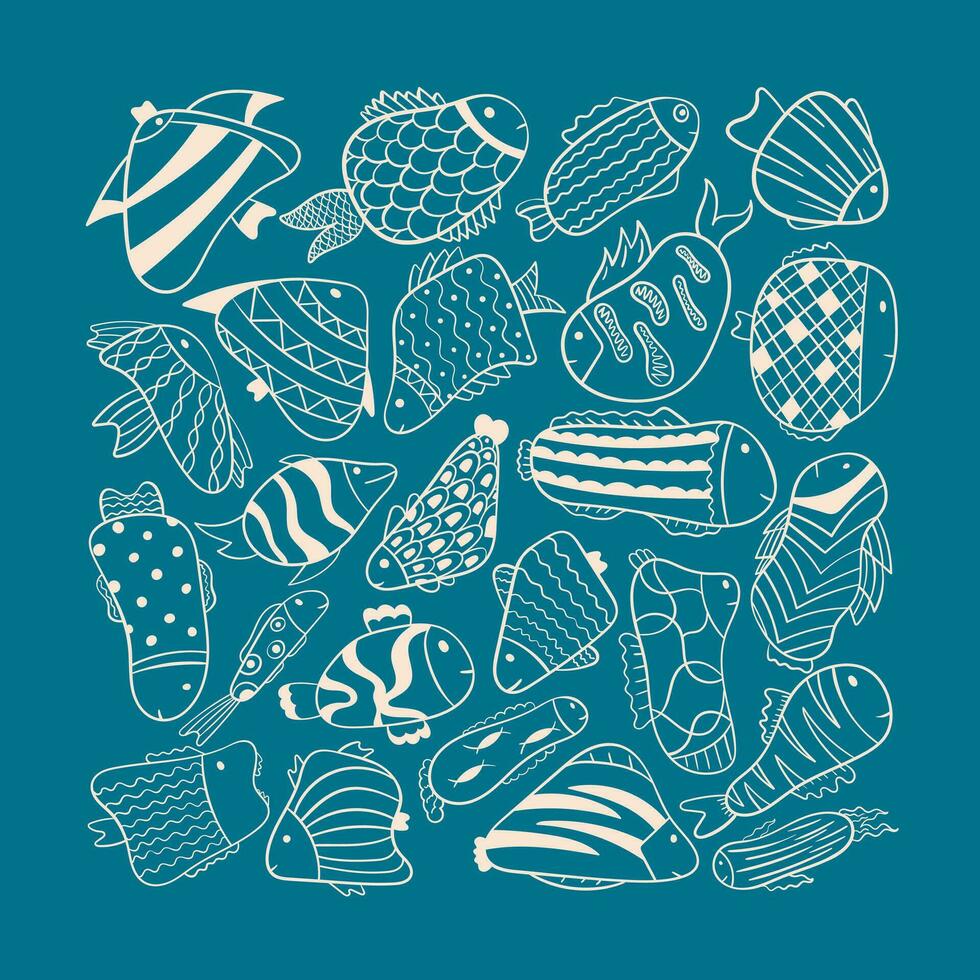 vektor klotter illustration. tecknad serie fisk på en blå bakgrund av annorlunda former, med mönster. bakgrund dekoration, klistermärken.