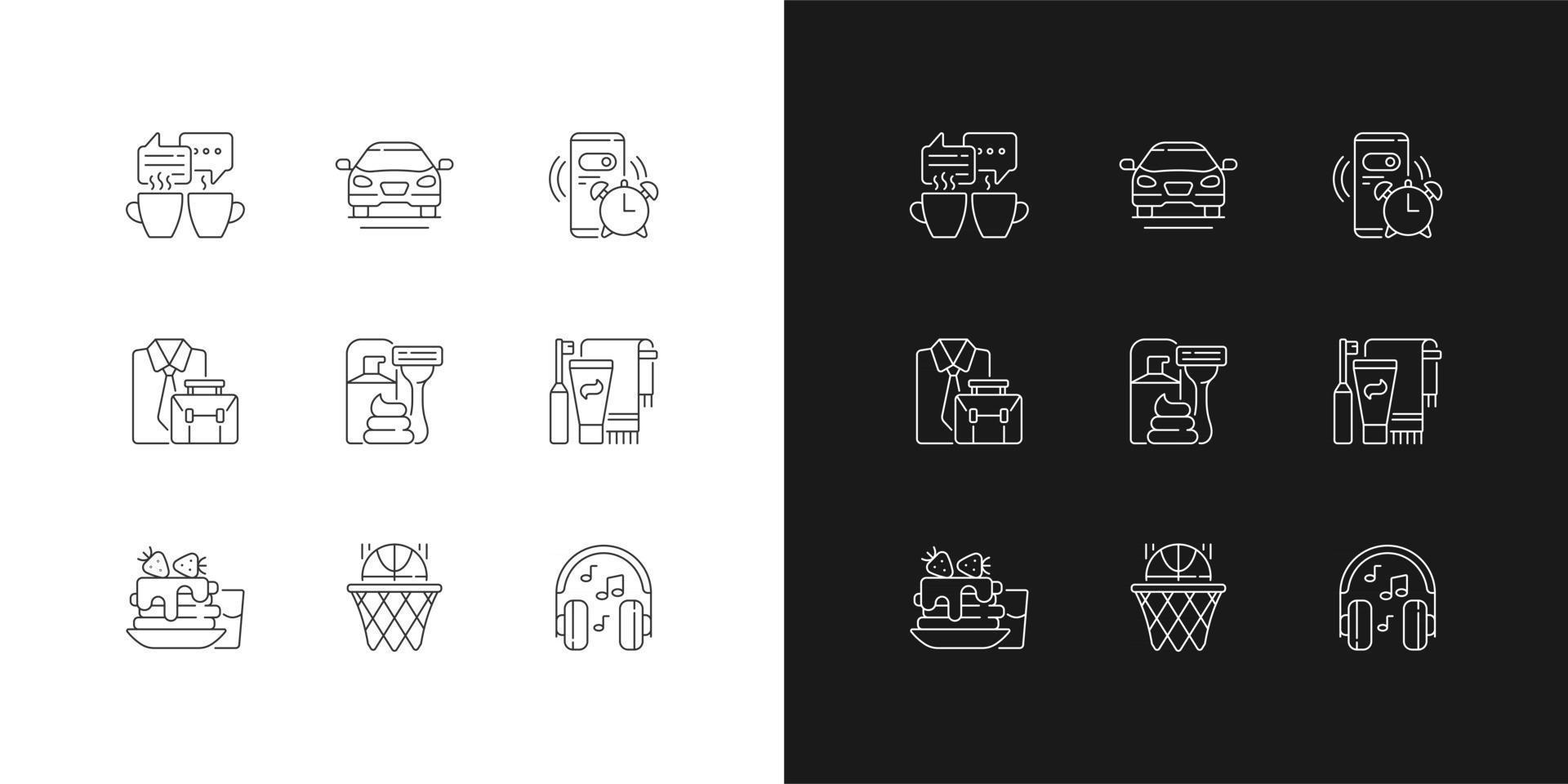 Lineare Symbole für die tägliche Routine für den dunklen und hellen Modus. Wecker für die Arbeit. Büroangestellte Tätigkeiten. anpassbare dünne Liniensymbole. isolierte Vektorgrafiken. bearbeitbarer Strich vektor