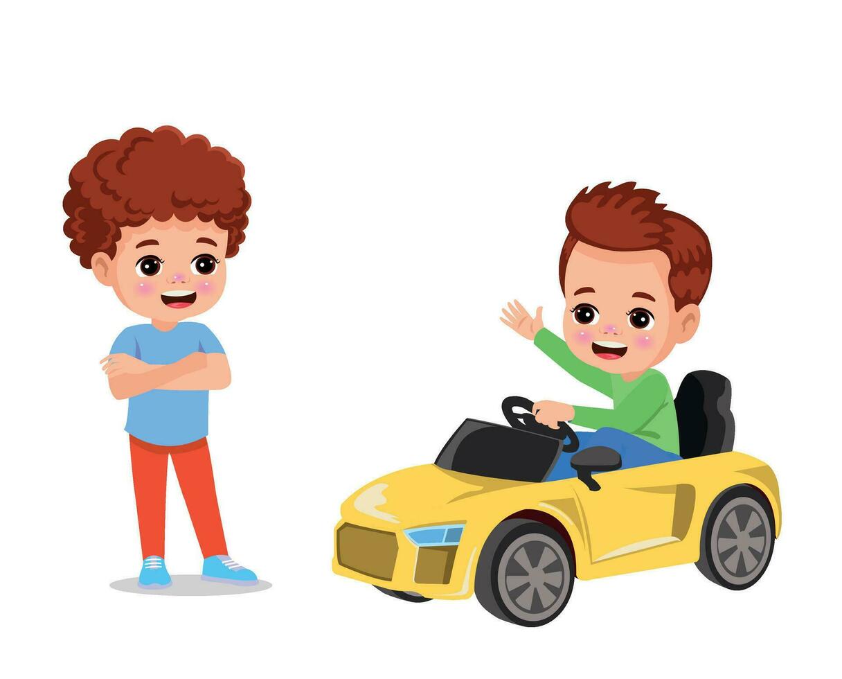 söt pojke körning en leksak elektrisk bil vektor tecknad serie illustration isolerat på vit bakgrund