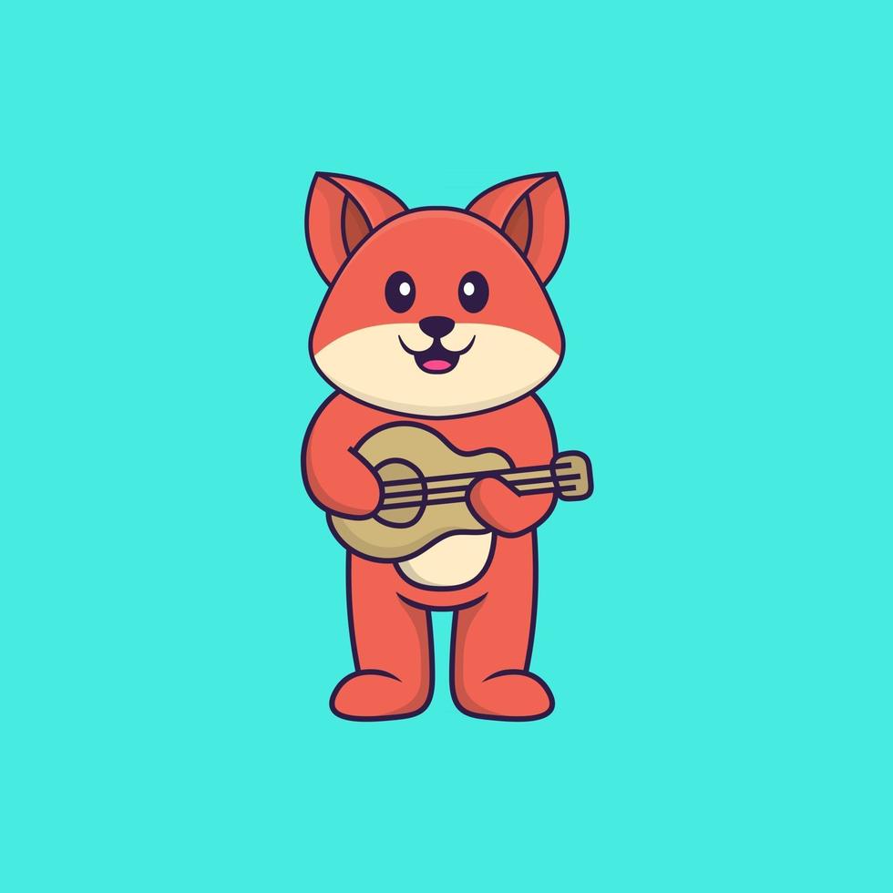 süßer Fuchs, der Gitarre spielt. Tierkarikaturkonzept isoliert. kann für T-Shirt, Grußkarte, Einladungskarte oder Maskottchen verwendet werden. flacher Cartoon-Stil vektor