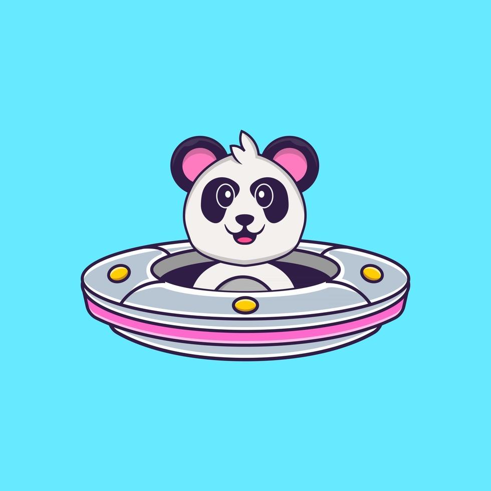 Süßer Panda, der das Raumschiff UFO fährt. Tierkarikaturkonzept isoliert. kann für T-Shirt, Grußkarte, Einladungskarte oder Maskottchen verwendet werden. flacher Cartoon-Stil vektor