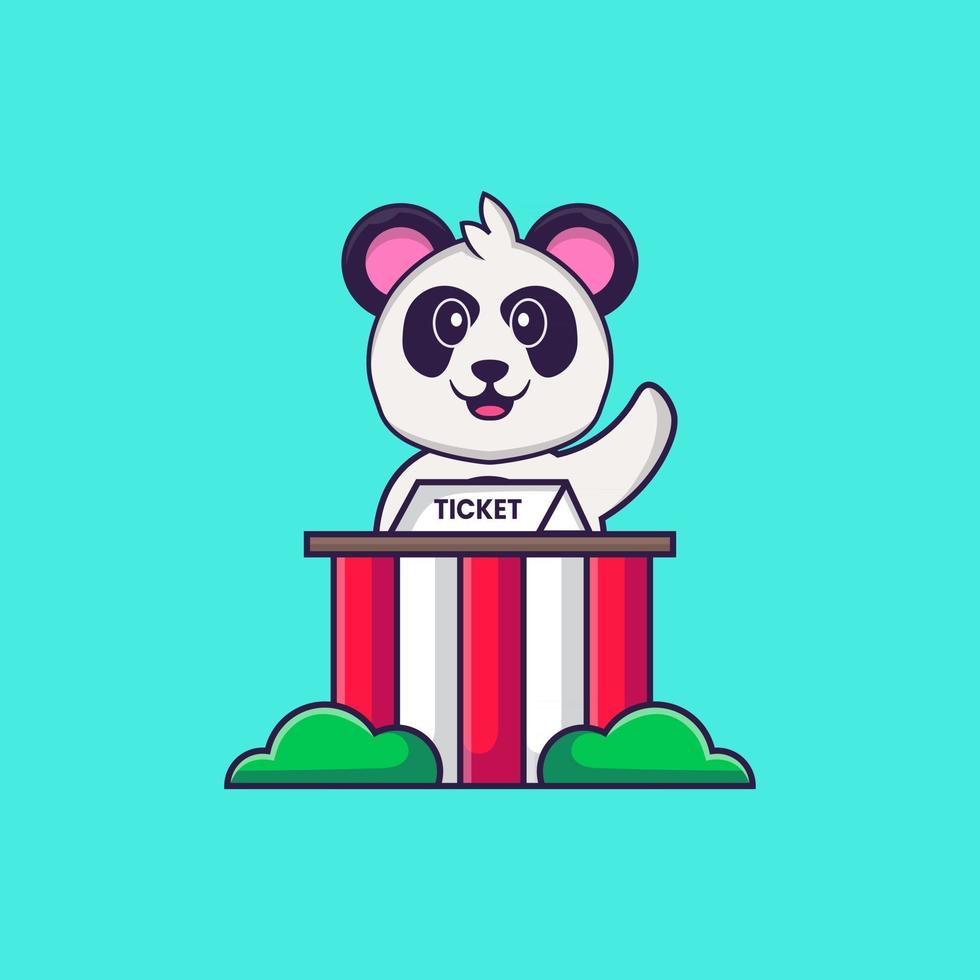 Der süße Panda ist ein Tickethalter. Tierkarikaturkonzept isoliert. kann für T-Shirt, Grußkarte, Einladungskarte oder Maskottchen verwendet werden. flacher Cartoon-Stil vektor