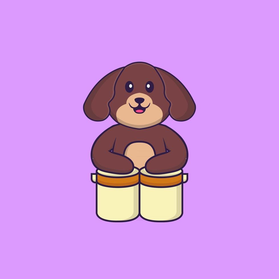 söt hund spelar trummor. djur tecknad koncept isolerad. kan användas för t-shirt, gratulationskort, inbjudningskort eller maskot. platt tecknad stil vektor