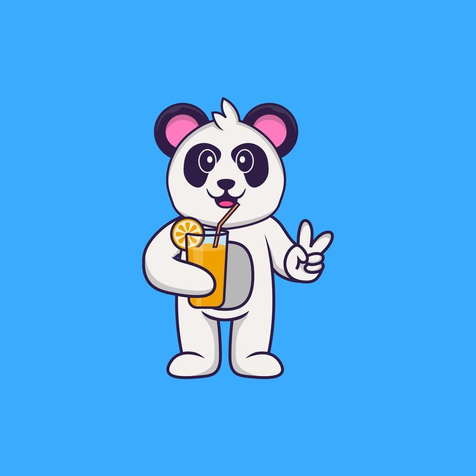 Süßer Panda, der Orangensaft im Glas hält. Tierkarikaturkonzept isoliert. kann für T-Shirt, Grußkarte, Einladungskarte oder Maskottchen verwendet werden. flacher Cartoon-Stil vektor