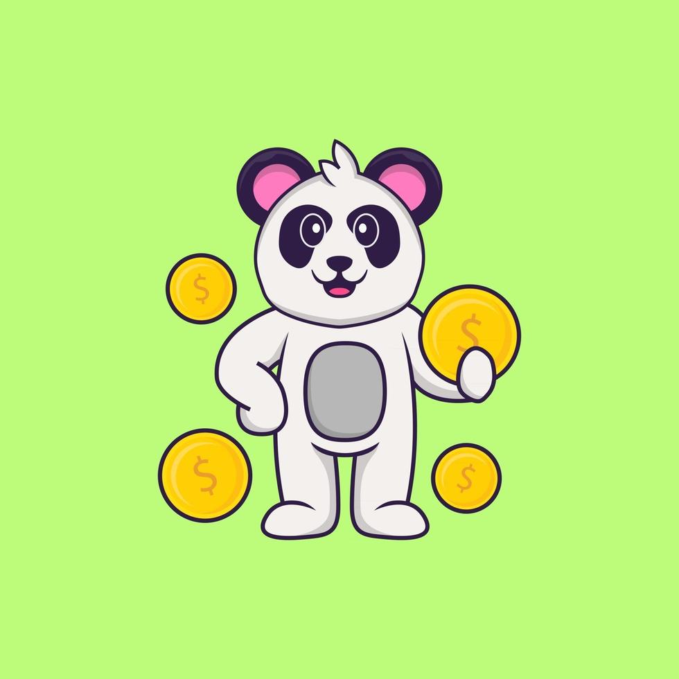 süßer Panda, der Münze hält. Tierkarikaturkonzept isoliert. kann für T-Shirt, Grußkarte, Einladungskarte oder Maskottchen verwendet werden. flacher Cartoon-Stil vektor