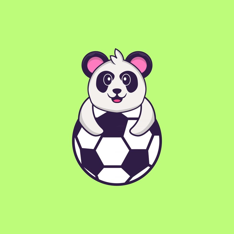 süßer Panda, der Fußball spielt. Tierkarikaturkonzept isoliert. kann für T-Shirt, Grußkarte, Einladungskarte oder Maskottchen verwendet werden. flacher Cartoon-Stil vektor