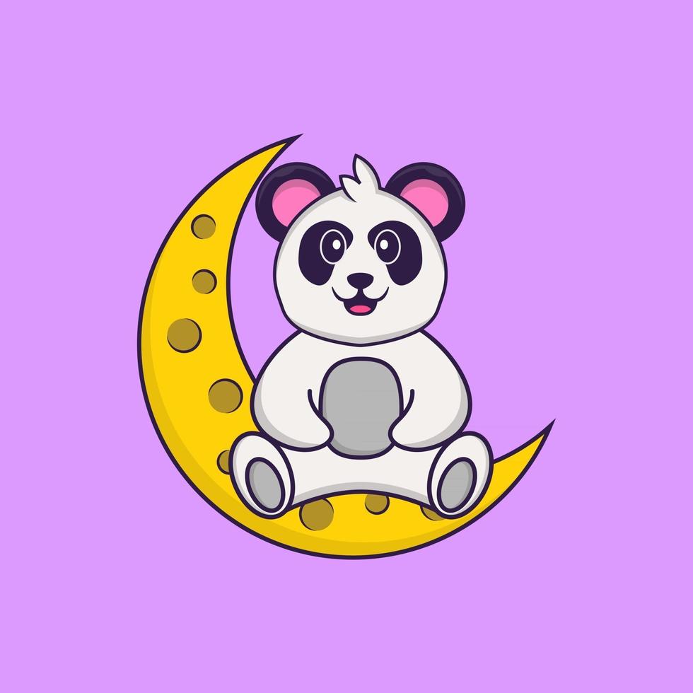 Der süße Panda sitzt auf dem Mond. Tierkarikaturkonzept isoliert. kann für T-Shirt, Grußkarte, Einladungskarte oder Maskottchen verwendet werden. flacher Cartoon-Stil vektor