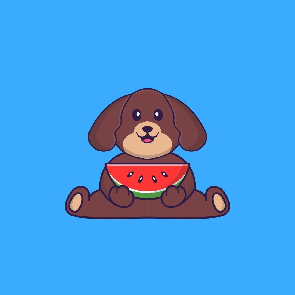 süßer Hund, der Wassermelone isst. Tierkarikaturkonzept isoliert. kann für T-Shirt, Grußkarte, Einladungskarte oder Maskottchen verwendet werden. flacher Cartoon-Stil vektor