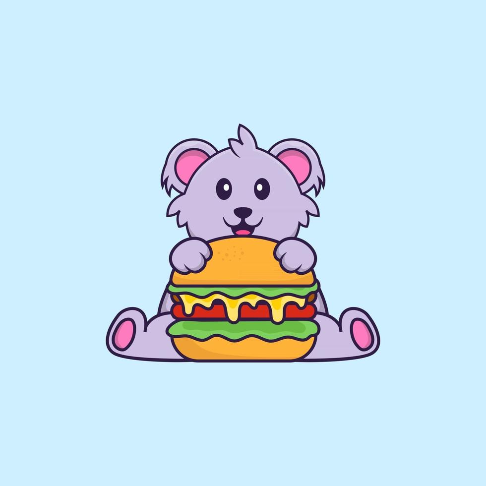 süßer Koala, der Burger isst. Tierkarikaturkonzept isoliert. kann für T-Shirt, Grußkarte, Einladungskarte oder Maskottchen verwendet werden. flacher Cartoon-Stil vektor
