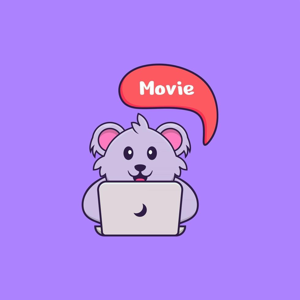 Der süße Koala sieht sich einen Film an. Tierkarikaturkonzept isoliert. kann für T-Shirt, Grußkarte, Einladungskarte oder Maskottchen verwendet werden. flacher Cartoon-Stil vektor