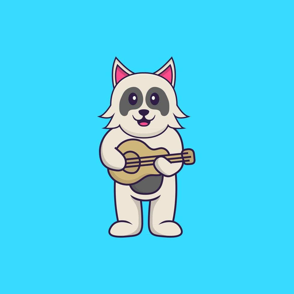 süßer Hund, der Gitarre spielt. Tierkarikaturkonzept isoliert. kann für T-Shirt, Grußkarte, Einladungskarte oder Maskottchen verwendet werden. flacher Cartoon-Stil vektor