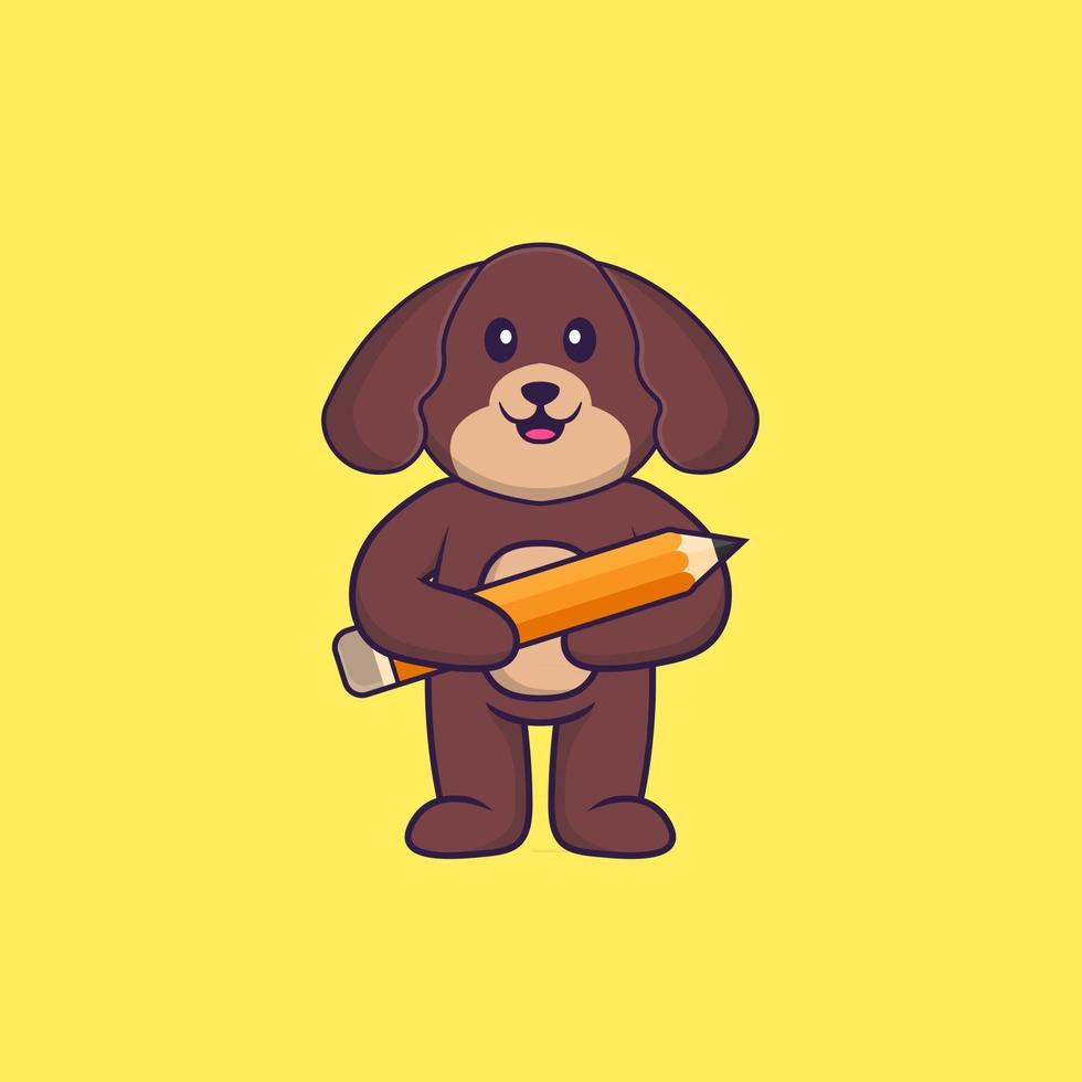 söt hund som håller en penna. djur tecknad koncept isolerad. kan användas för t-shirt, gratulationskort, inbjudningskort eller maskot. platt tecknad stil vektor