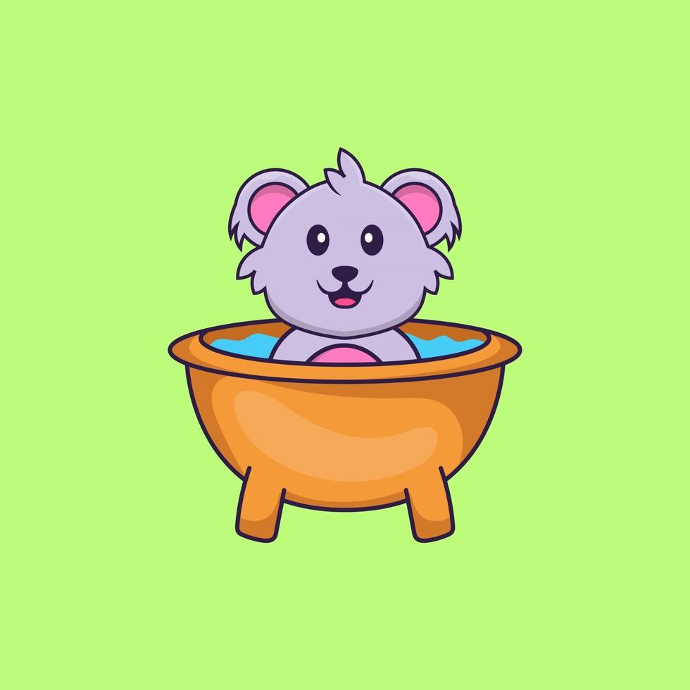 süßer koala beim baden in der badewanne. Tierkarikaturkonzept isoliert. kann für T-Shirt, Grußkarte, Einladungskarte oder Maskottchen verwendet werden. flacher Cartoon-Stil vektor