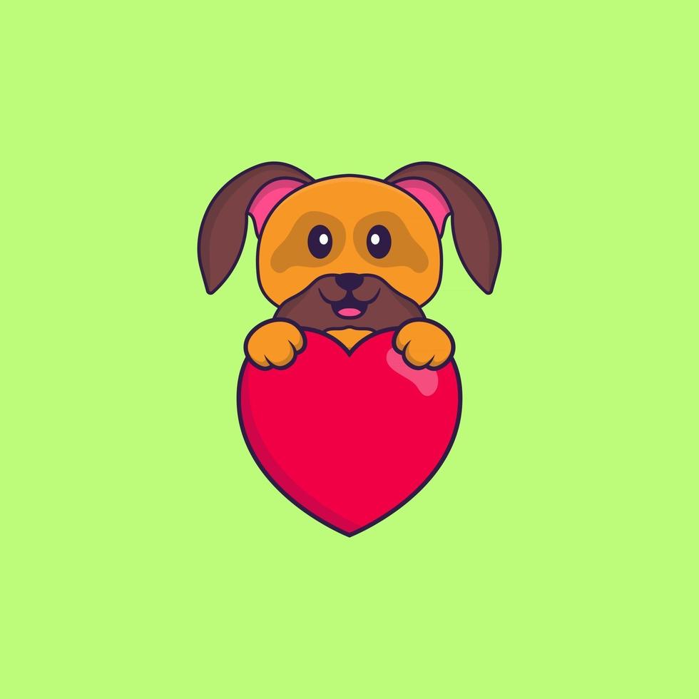 süßer Hund, der ein großes rotes Herz hält. Tierkarikaturkonzept isoliert. kann für T-Shirt, Grußkarte, Einladungskarte oder Maskottchen verwendet werden. flacher Cartoon-Stil vektor