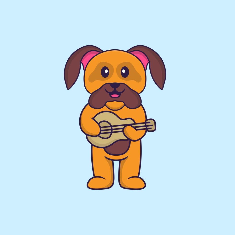 söt hund som spelar gitarr. djur tecknad koncept isolerad. kan användas för t-shirt, gratulationskort, inbjudningskort eller maskot. platt tecknad stil vektor