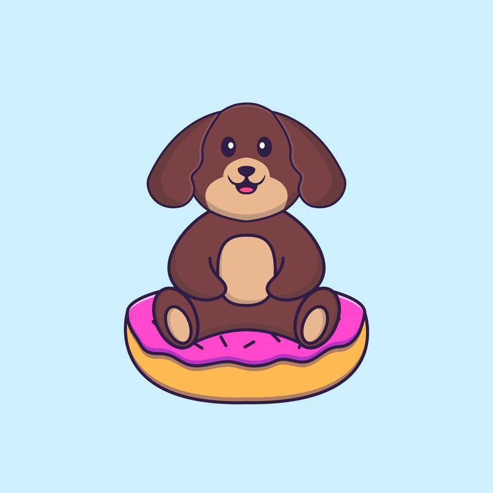 süßer Hund sitzt auf Donuts. Tierkarikaturkonzept isoliert. kann für T-Shirt, Grußkarte, Einladungskarte oder Maskottchen verwendet werden. flacher Cartoon-Stil vektor