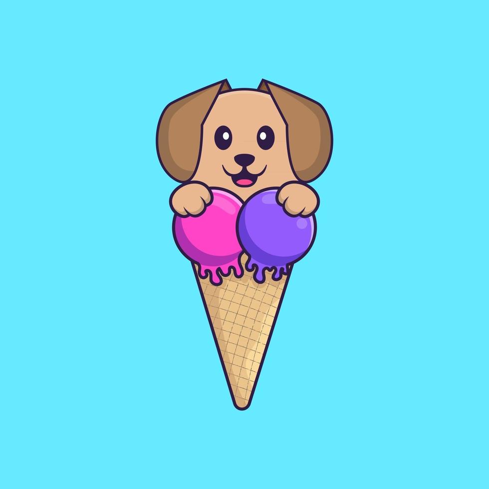 söt hund med söt glass. djur tecknad koncept isolerad. kan användas för t-shirt, gratulationskort, inbjudningskort eller maskot. platt tecknad stil vektor