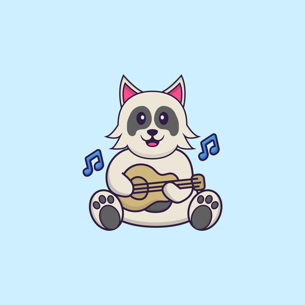 süßer Hund, der Gitarre spielt. Tierkarikaturkonzept isoliert. kann für T-Shirt, Grußkarte, Einladungskarte oder Maskottchen verwendet werden. flacher Cartoon-Stil vektor