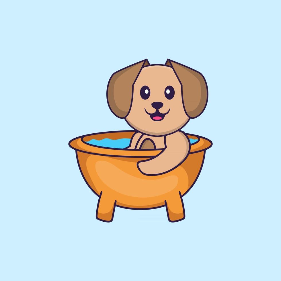 söt hund som badar i badkaret. djur tecknad koncept isolerad. kan användas för t-shirt, gratulationskort, inbjudningskort eller maskot. platt tecknad stil vektor