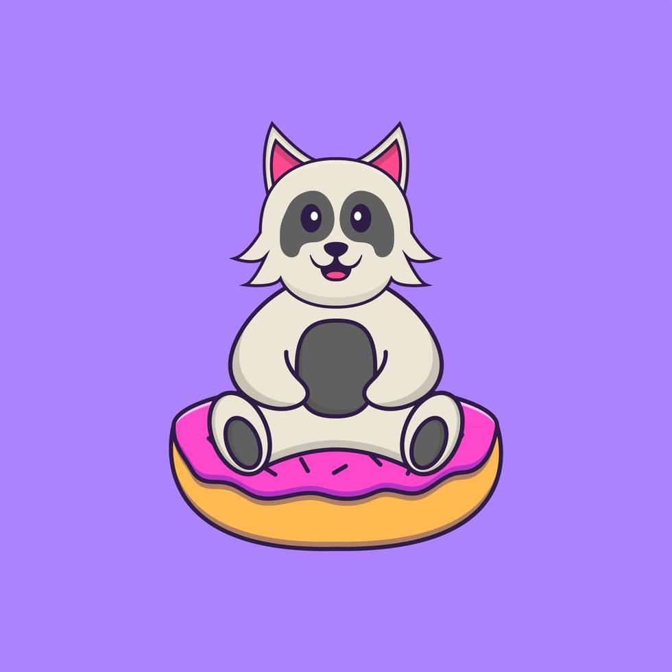 süßer Hund sitzt auf Donuts. Tierkarikaturkonzept isoliert. kann für T-Shirt, Grußkarte, Einladungskarte oder Maskottchen verwendet werden. flacher Cartoon-Stil vektor