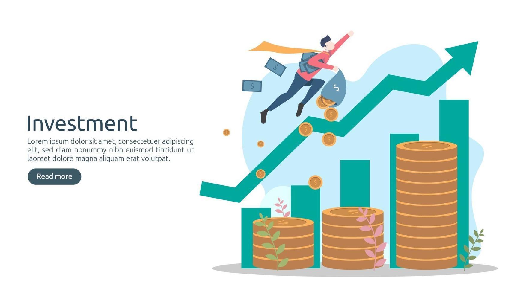 affärsinvesteringskoncept. dollar hög mynt, små människor, pengar objekt. ökning av grafiskt diagram. finansiell tillväxt som stiger till framgång. modern platt design målsides mall vektorillustration vektor