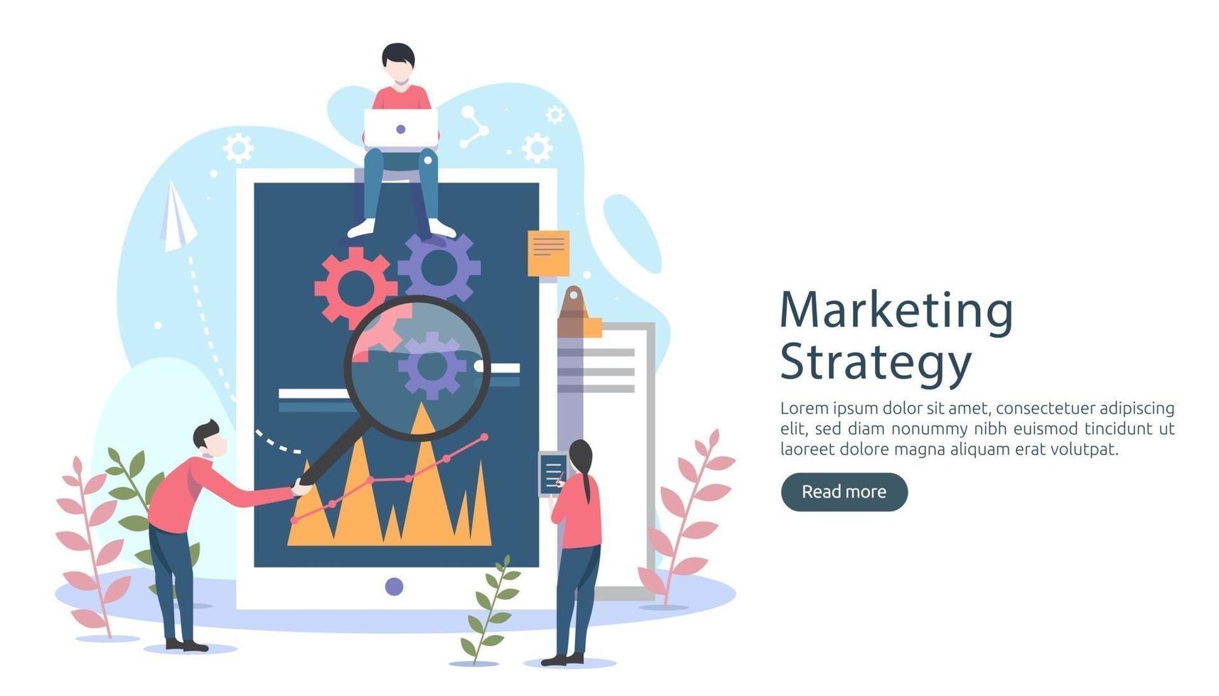 digital marknadsföringsstrategikoncept med små människor karaktär, bord, grafiskt objekt på datorskärmen. online sociala medier marknadsföring modern platt design för målsida och mobil webbplats mall vektor