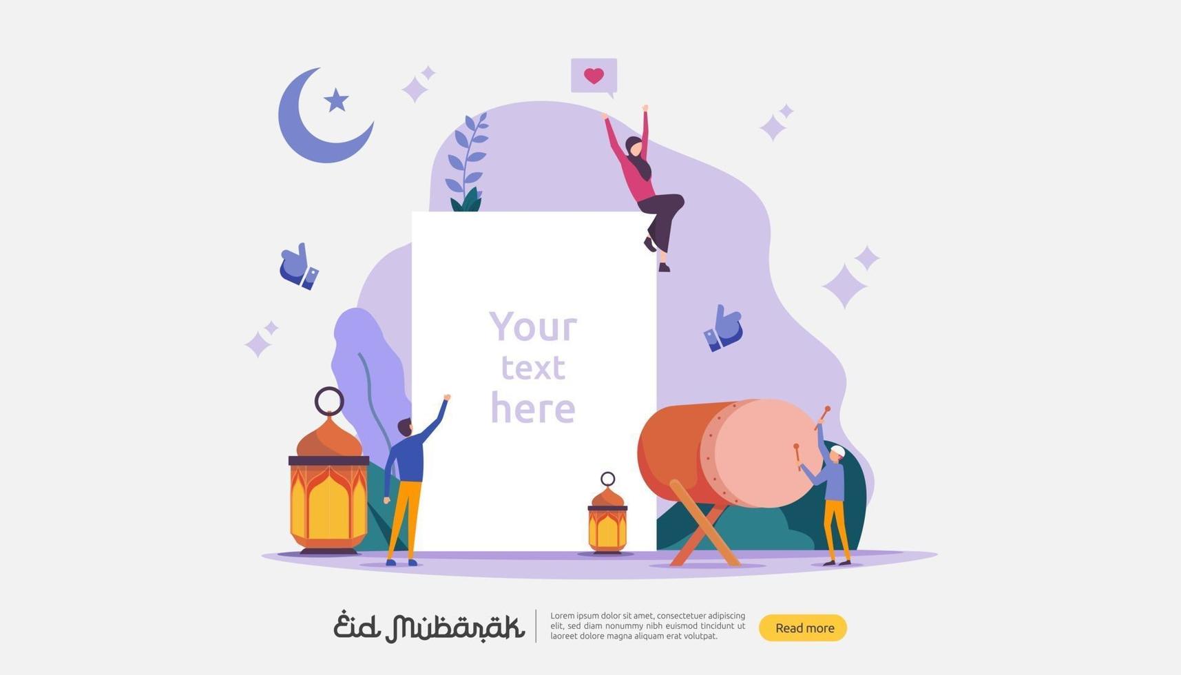 islamisk design illustration koncept för glad eid mubarak eller ramadan hälsning med människor karaktär. mall för målsida, banner, presentation, social, affisch, annons, reklam eller tryckta medier. vektor