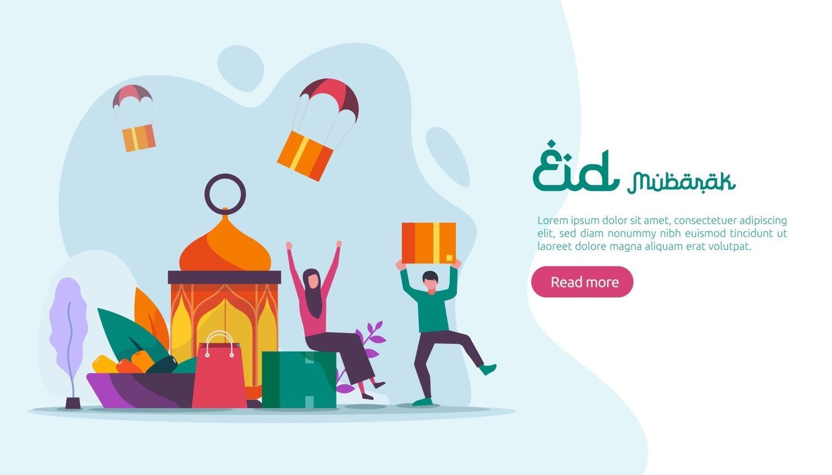Islamisches Design-Illustrationskonzept für glückliche Eid Mubarak- oder Ramadan-Gruß mit Menschencharakter. Vorlage für Web-Landingpage, Banner, Präsentation, Social, Poster, Anzeige, Promotion oder Printmedien. vektor