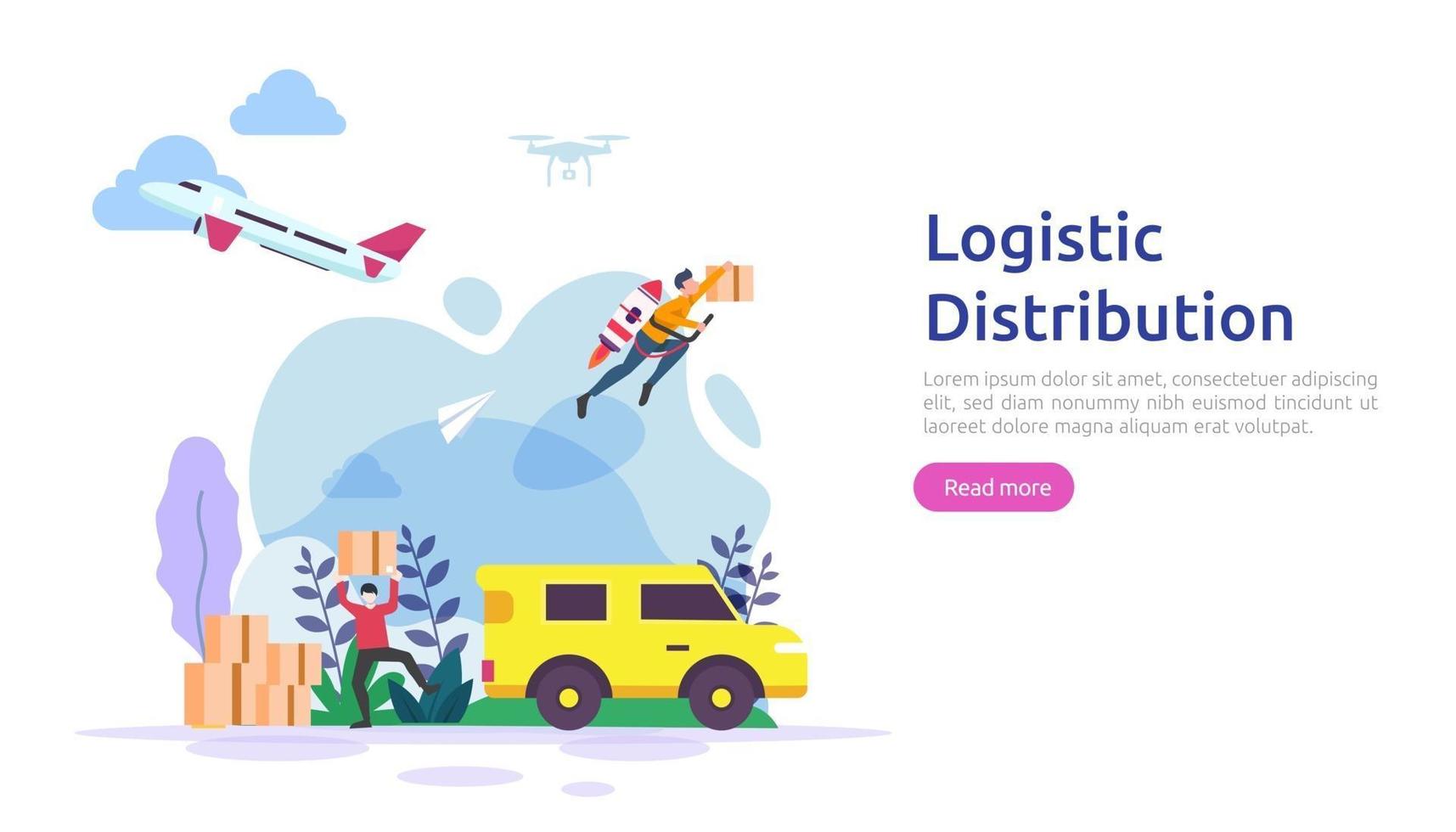 Illustrationskonzept für den globalen logistischen Vertriebsservice. Lieferung weltweit Import Export Versand Banner mit Personencharakter für Web-Landingpage, Präsentation, Social, Poster oder Printmedien vektor