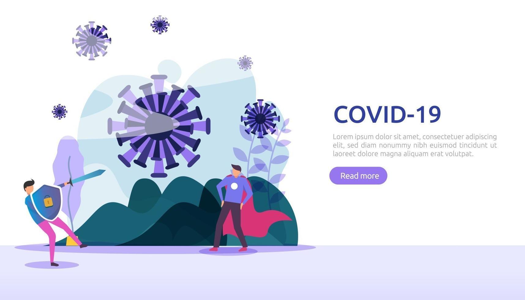 människor slåss covid-19 corona virus illustration koncept. forskningskoncept för coronavirus 2019-ncov-vaccin. webbsidans mall, banner, presentation, social, affisch, annons eller tryckt media vektor