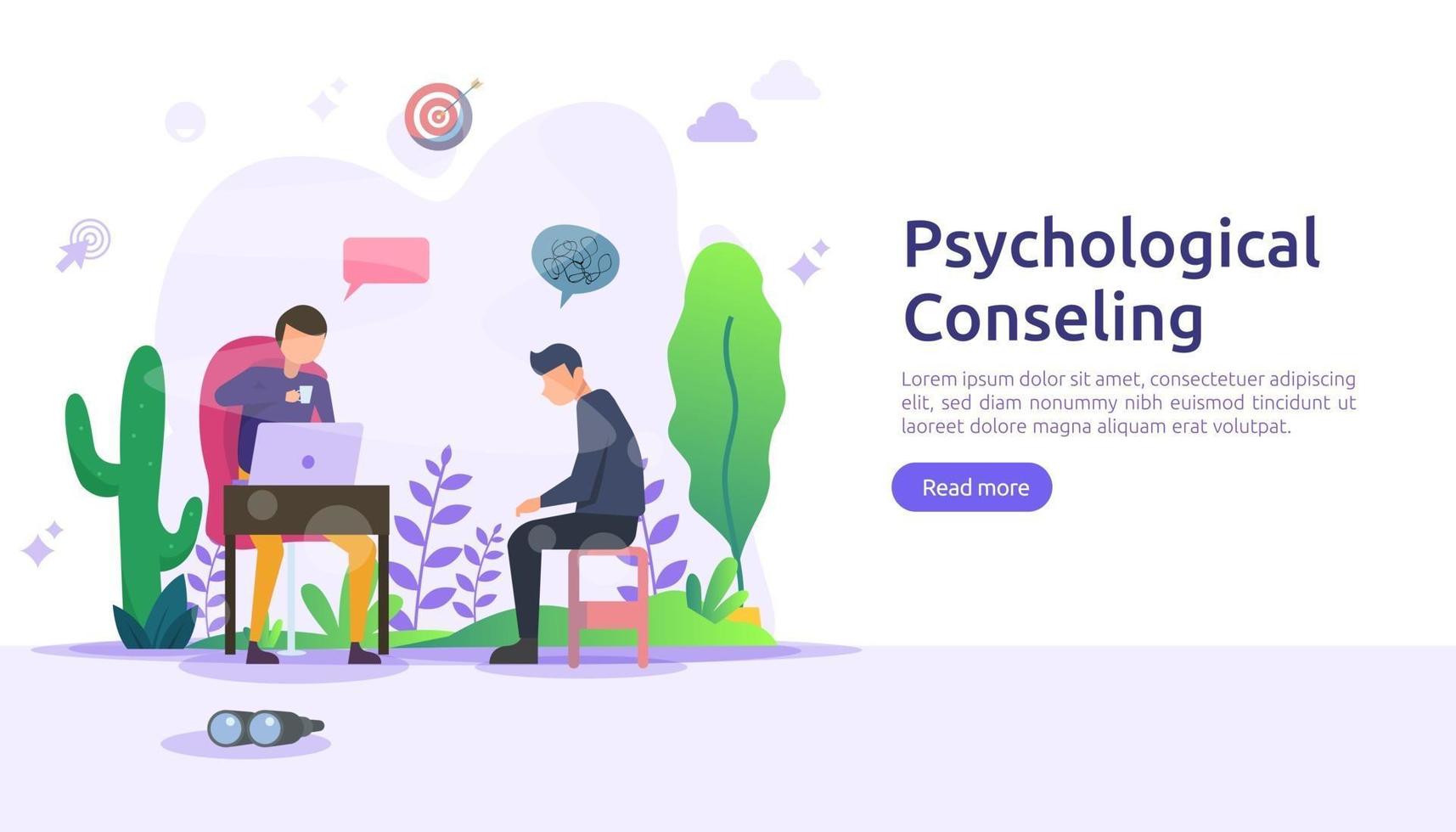 Konzeptillustration der psychologischen Beratung. Psychotherapiepraxis, Psychiater, der Patienten mit Menschencharakter berät. Vorlage für Web-Landingpage, Banner, Präsentation, Poster, Printmedien vektor