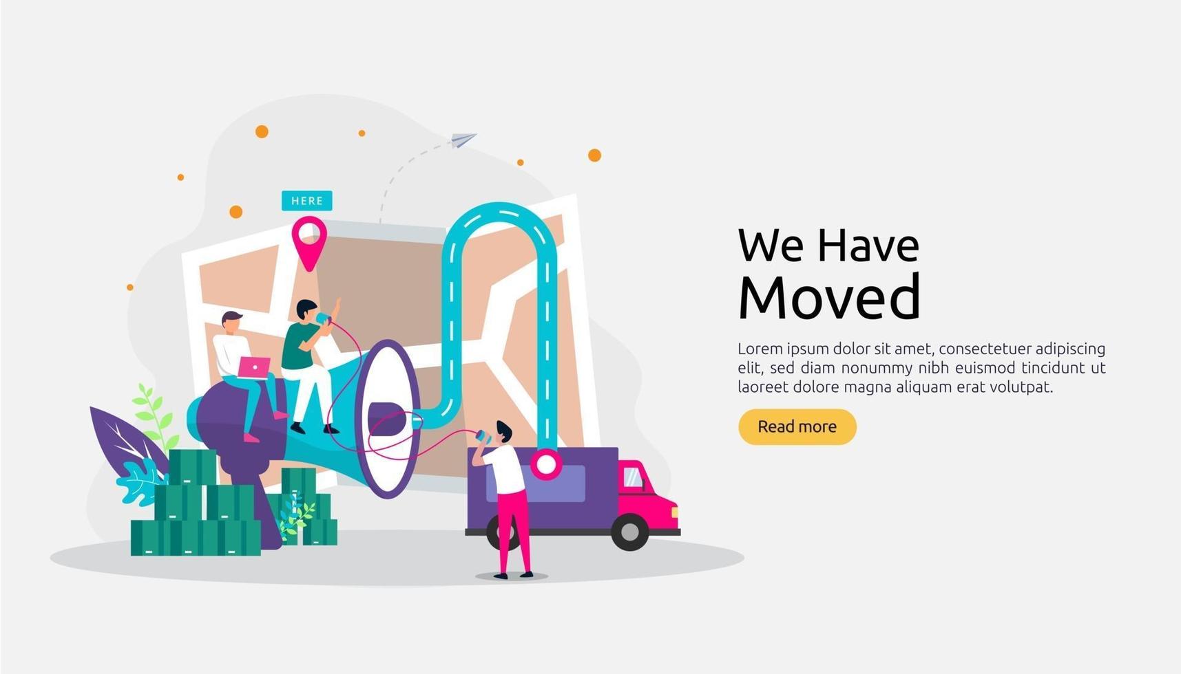 ny platsannonsering eller byta kontor adress koncept. Vi har flyttat vektorillustration för målsidesmall, mobilapp, affisch, banner, flygblad, ui, webb och bakgrund vektor