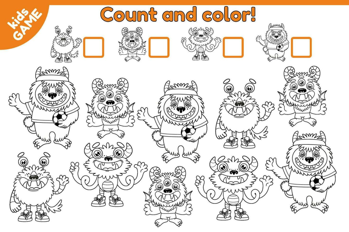 pedagogisk matematisk spel för ungar. hitta, räkna på vilket sätt många tecknad serie monster och Färg. kalkylblad för dagis, förskola och skola barn. vektor översikt illustration av rolig mutanter.