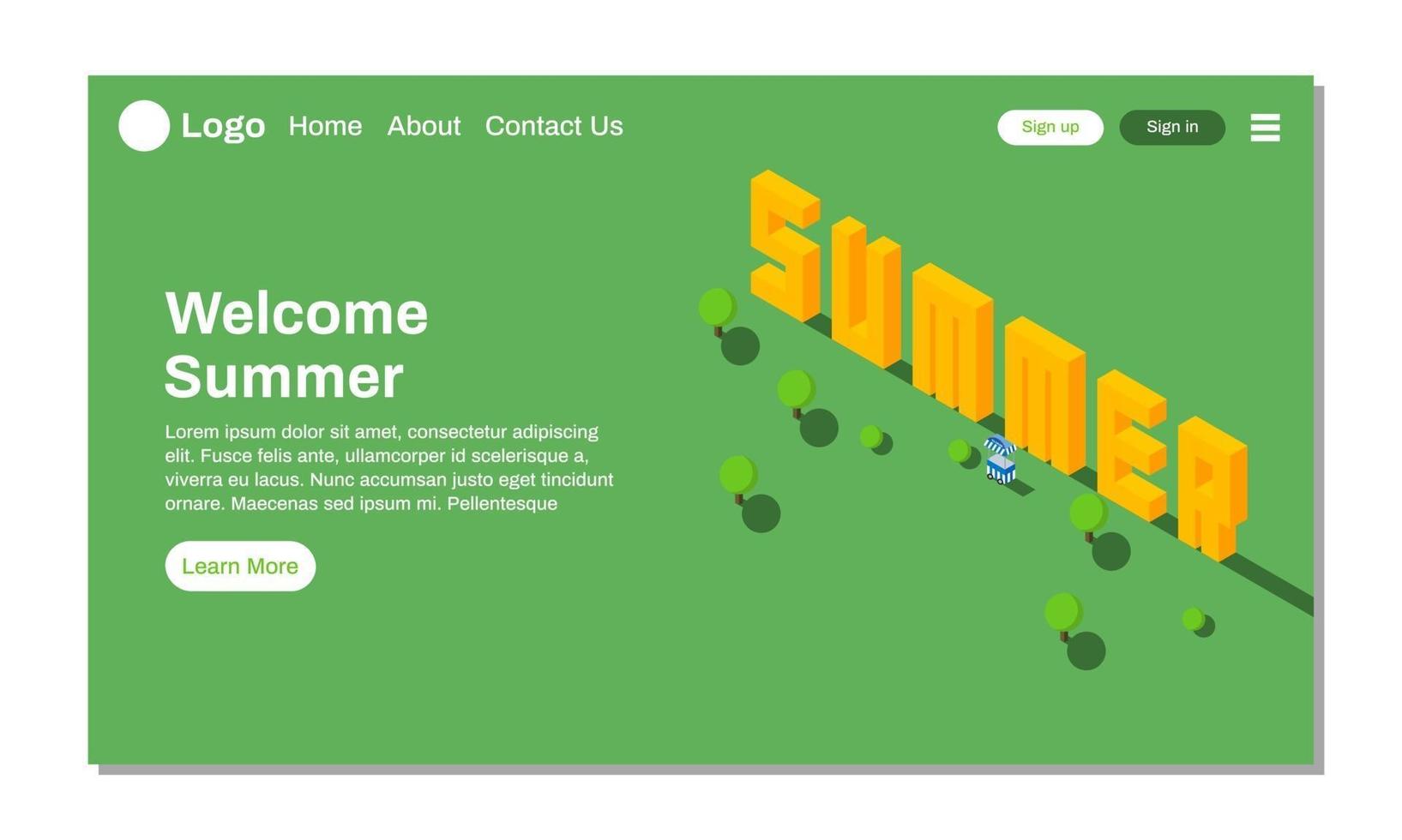 målsida eller webbplats sommarsäsong isometrisk illustration hälsning med gran tall och trä mall vektor