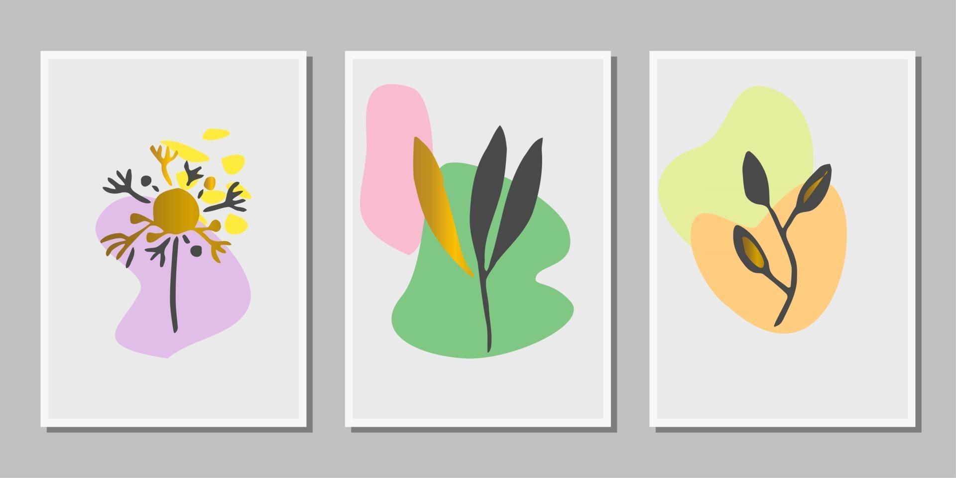 guld botanisk väggkonst. lövverk lämnar maskros ritning med abstrakt form. växtkonstdesign för tryck, omslag, tapeter, sociala medier, minimal och naturlig väggkonst. jordton boho vektorillustration vektor